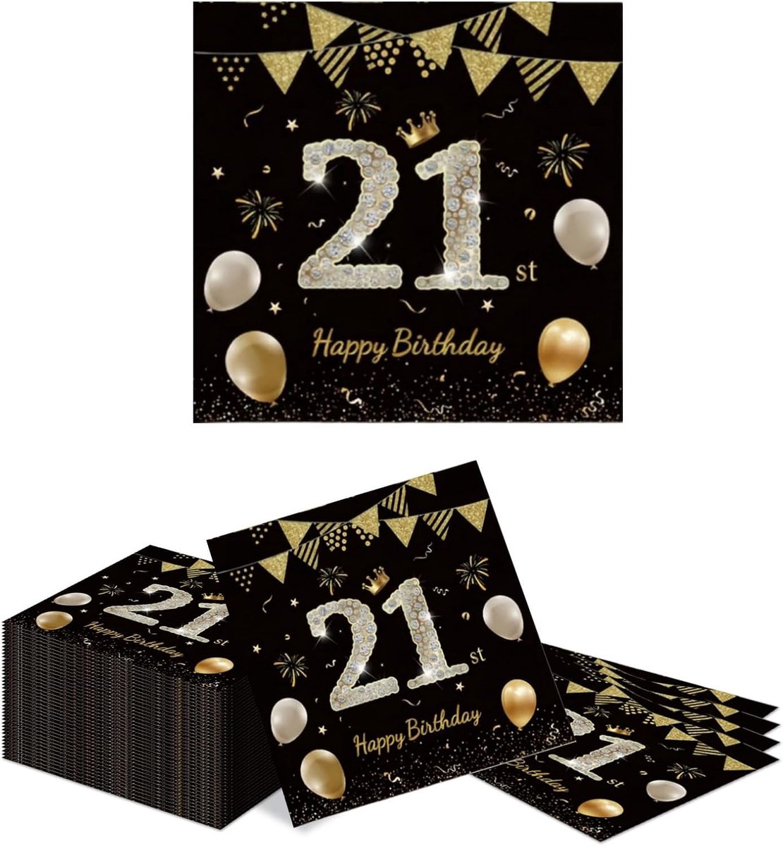 SnelShoppen - 40 Stuks 21 Verjaardag Servetten 33cm Zwart Goud Cocktail Papieren Servetten Wegwerp voor Feest, Bruiloft, Verjaardag en Jubileum Decora