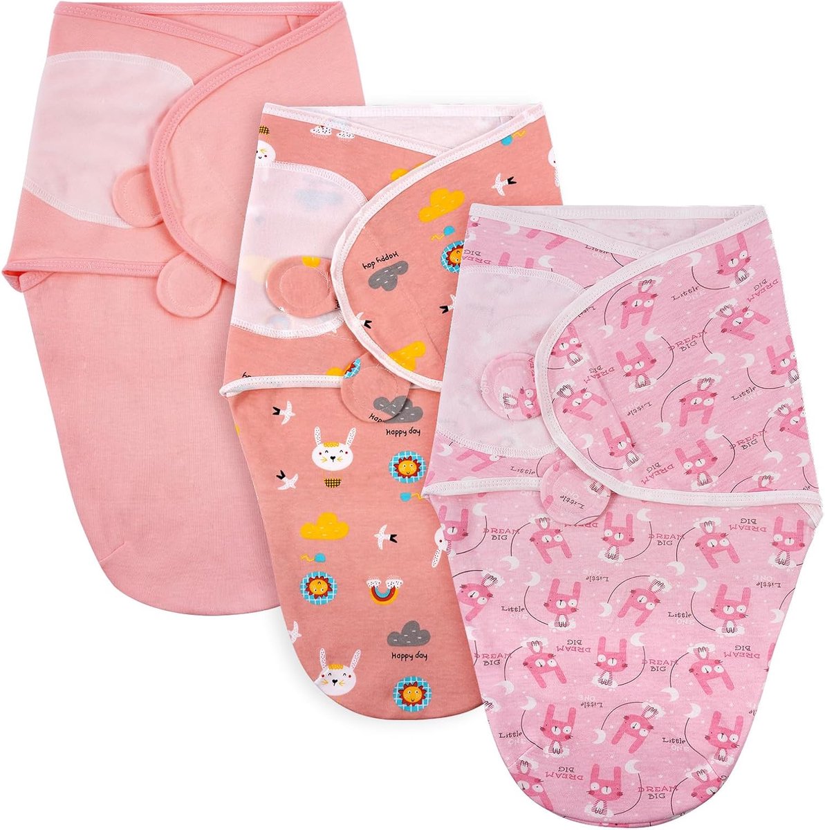 SnelShoppen - 3 Pack Baby Swaddle Suit, Ademend Organisch Katoenen Baby Swaddle Tas voor 0-3 Maanden, Verstelbare Baby Dekens Wrap, Schattige Roze Kon