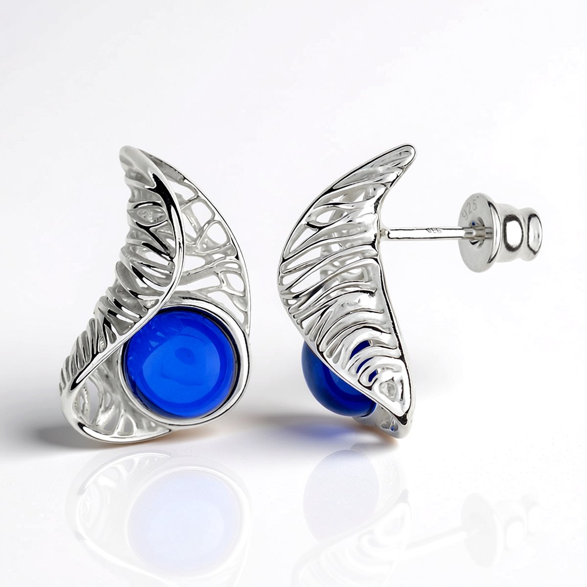 Cavill - Zilveren Oorbellen - 925 Sterling Zilver Rhodium - Blauwe Colombiaanse Barnsteen Cabochon 1,1 ct - Elegante Dames Oorbellen Met Steen