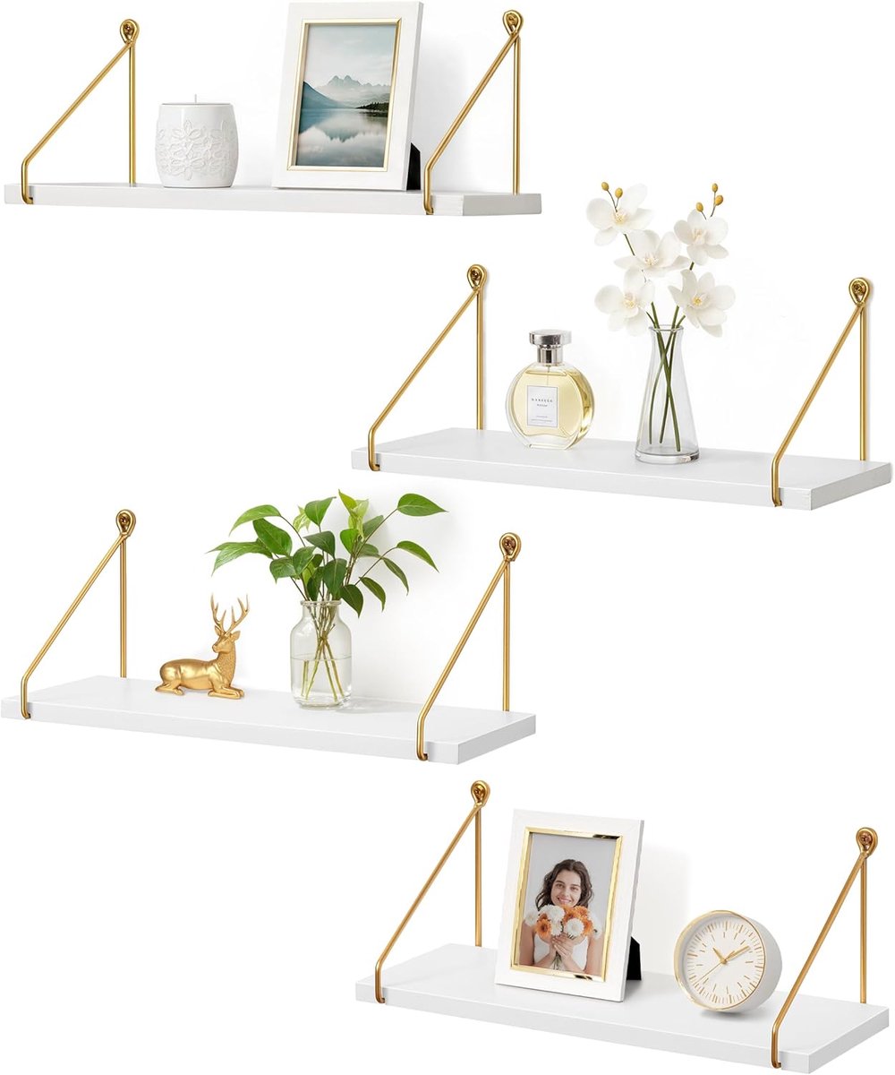 Afuly Wall shelf wood white Glod 4/er - ShopVlot