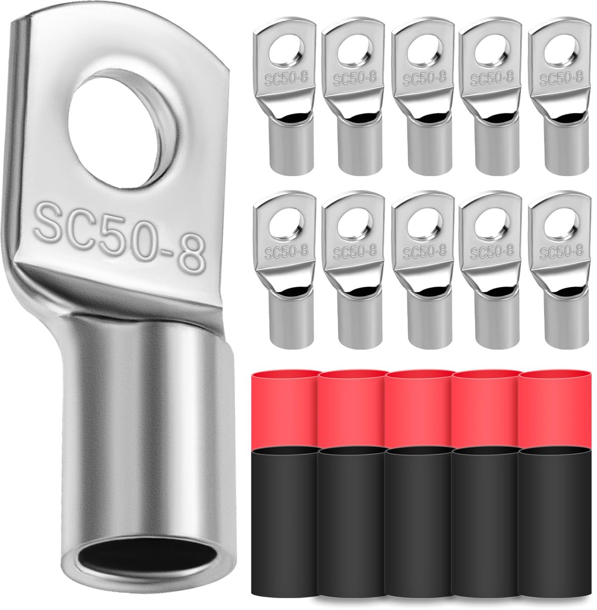 SnelShoppen - 10 x Kabelschoen 50 mm² M8, Ringkabelschoen, Dikke Koperen Kabelschoenen, Niet-geïsoleerd met 10 Krimpkousen 3:1, Rood/Zwart