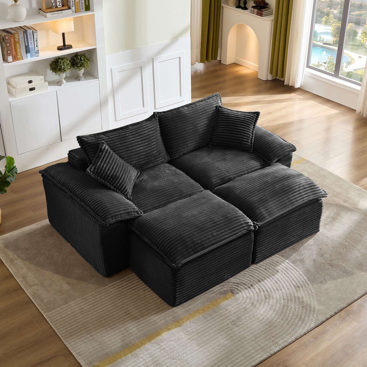 Compacte modulaire bank-4-delige vrij combineerbare modules-2+2 tweepersoons gecomprimeerde bank-Ruimtebesparend ontwerp-Diepe zit voor optimaal comfort-wolkensofa voor woonkamer slaapkamer en lounge-zwart