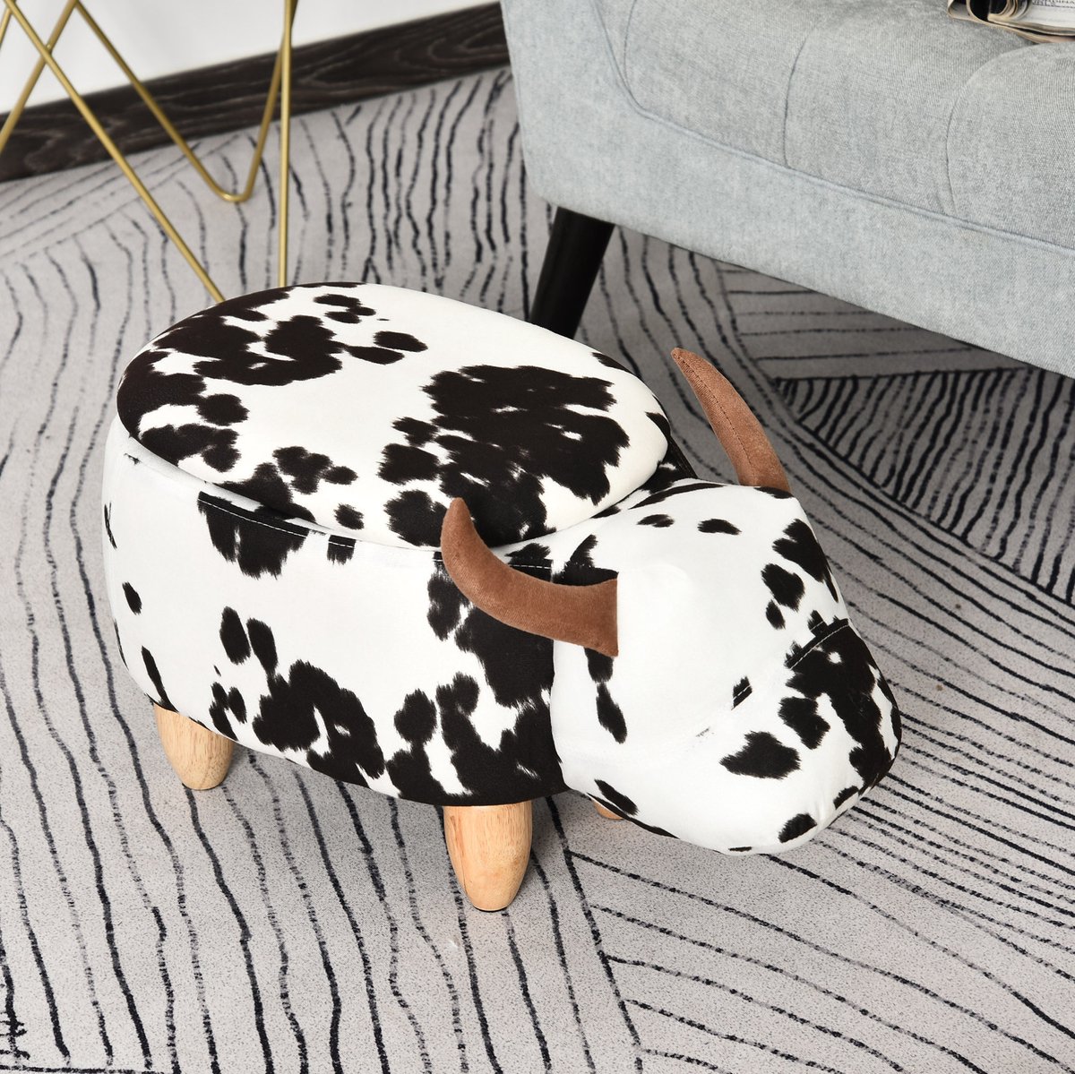 COVREO Poef 62 x 35 x 36 cm zwart wit, van hout en stof met opbergruimte