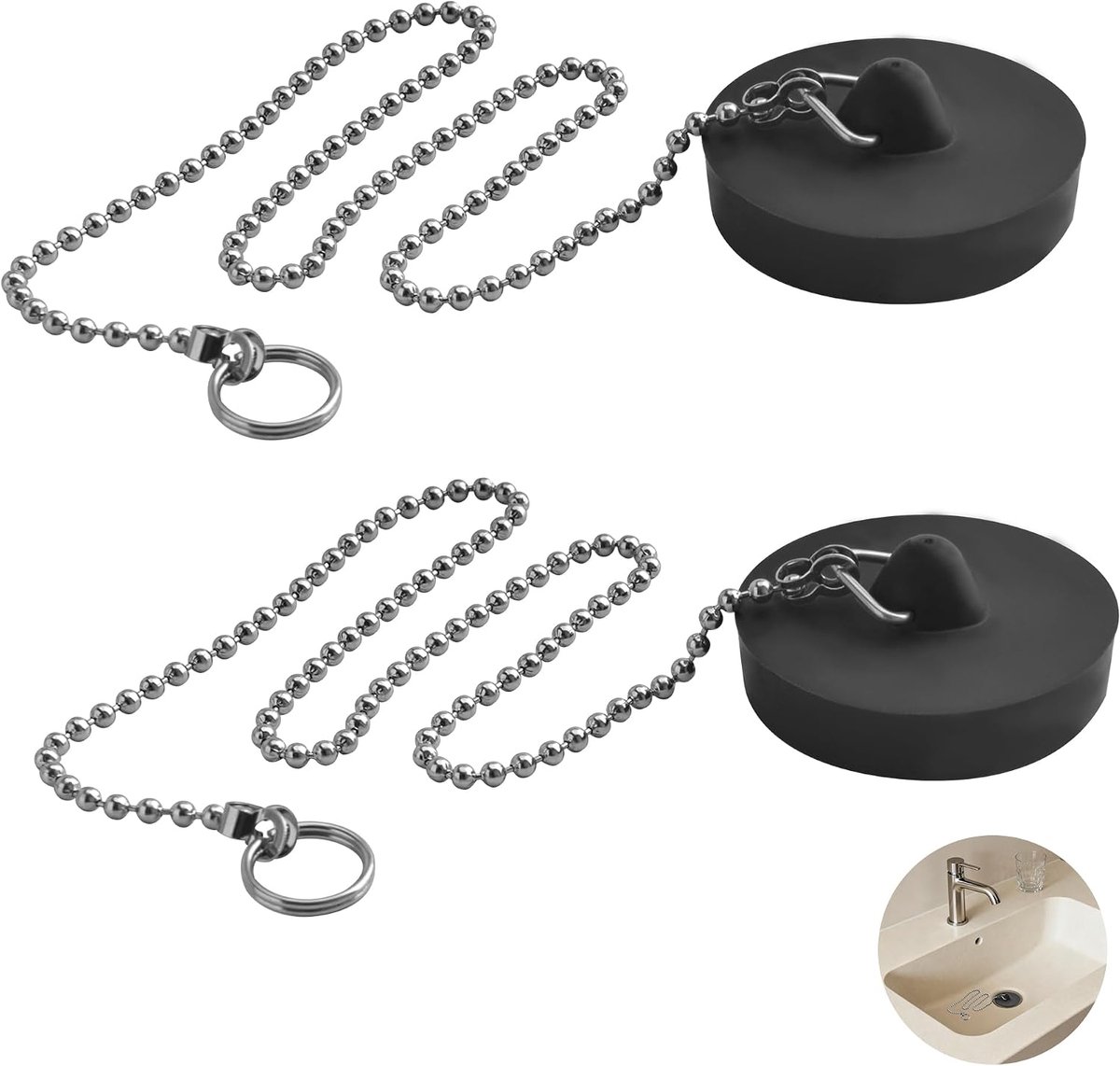 SnelShoppen - 2 Stuks 4.5cm Zwarte Universele Afvoerstop met 40cm RVS Ketting, Voorkom Waterverlies en Geur, Geschikt voor Badkamer en Keuken