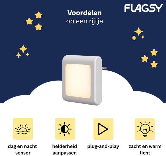 Nachtlampje Stopcontact 2 stuks Dimbaar Vierkant - LED Dag en Nacht Sensor - Warm Wit Baby en Kinderen - Flagsy van Flagsy — afbeelding 2