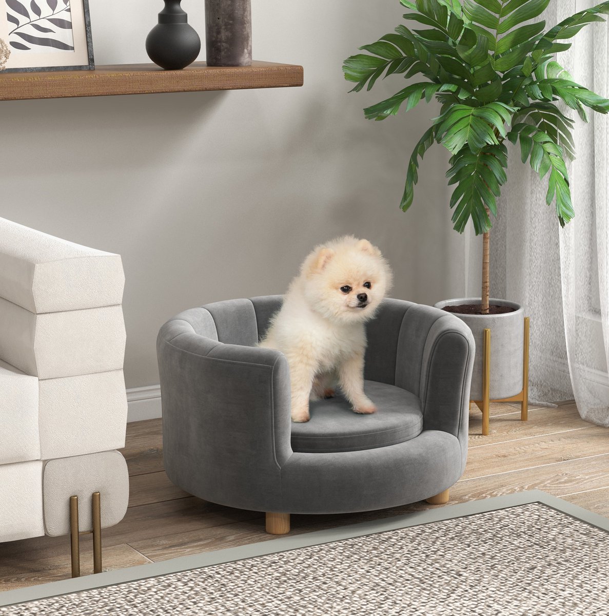 COVREO Dierenbank 65x64x37 cm grijs, polyester en hout met rugleuning