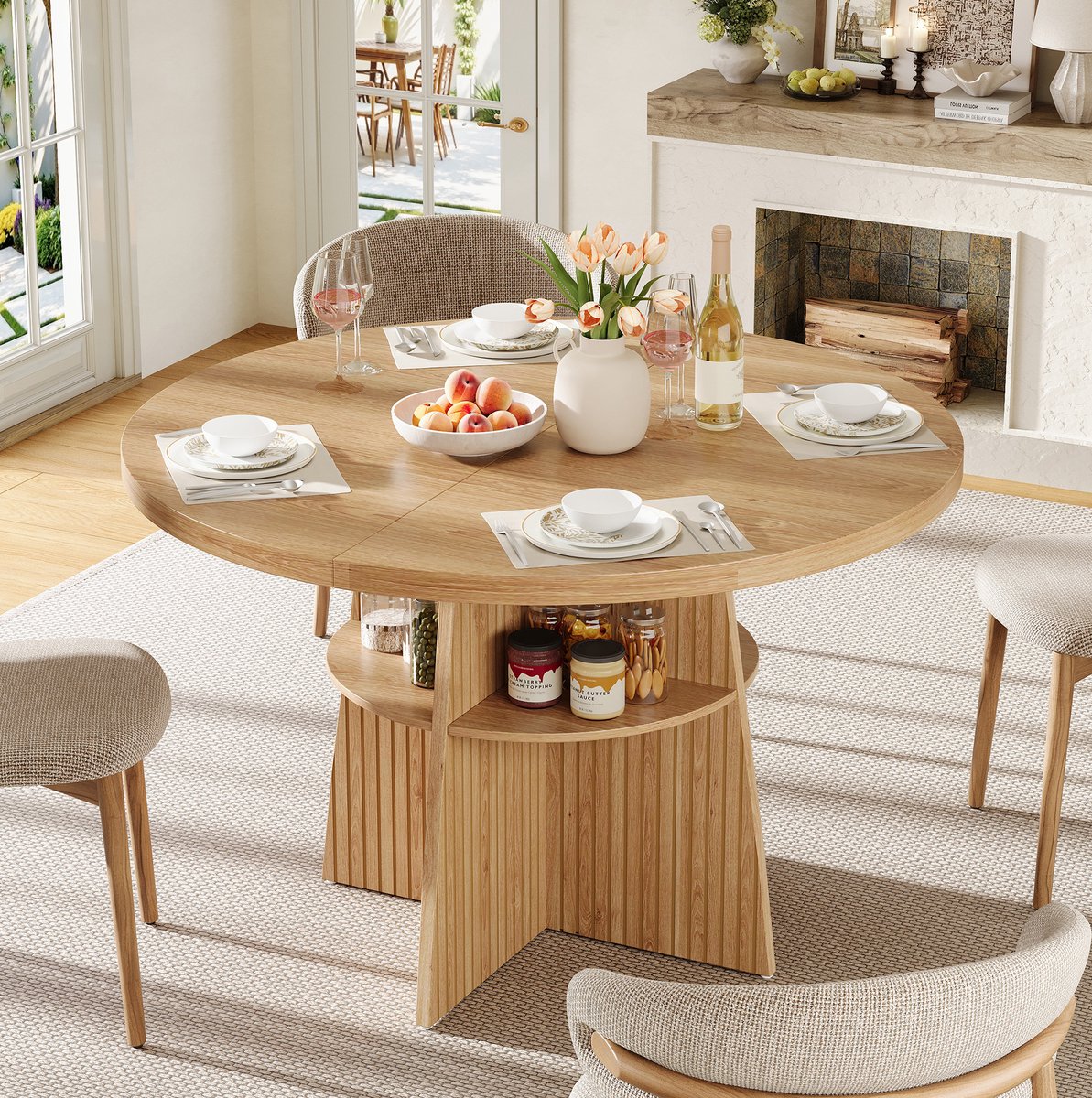 FloraGrace Eettafel - Uitschuifbare Ronde Tafel Met Opbergplank - Voor Keuken En Eetkamer, 2 Tot 8 Personen - MDF - Naturel - 110-150x110x77,5 Cm