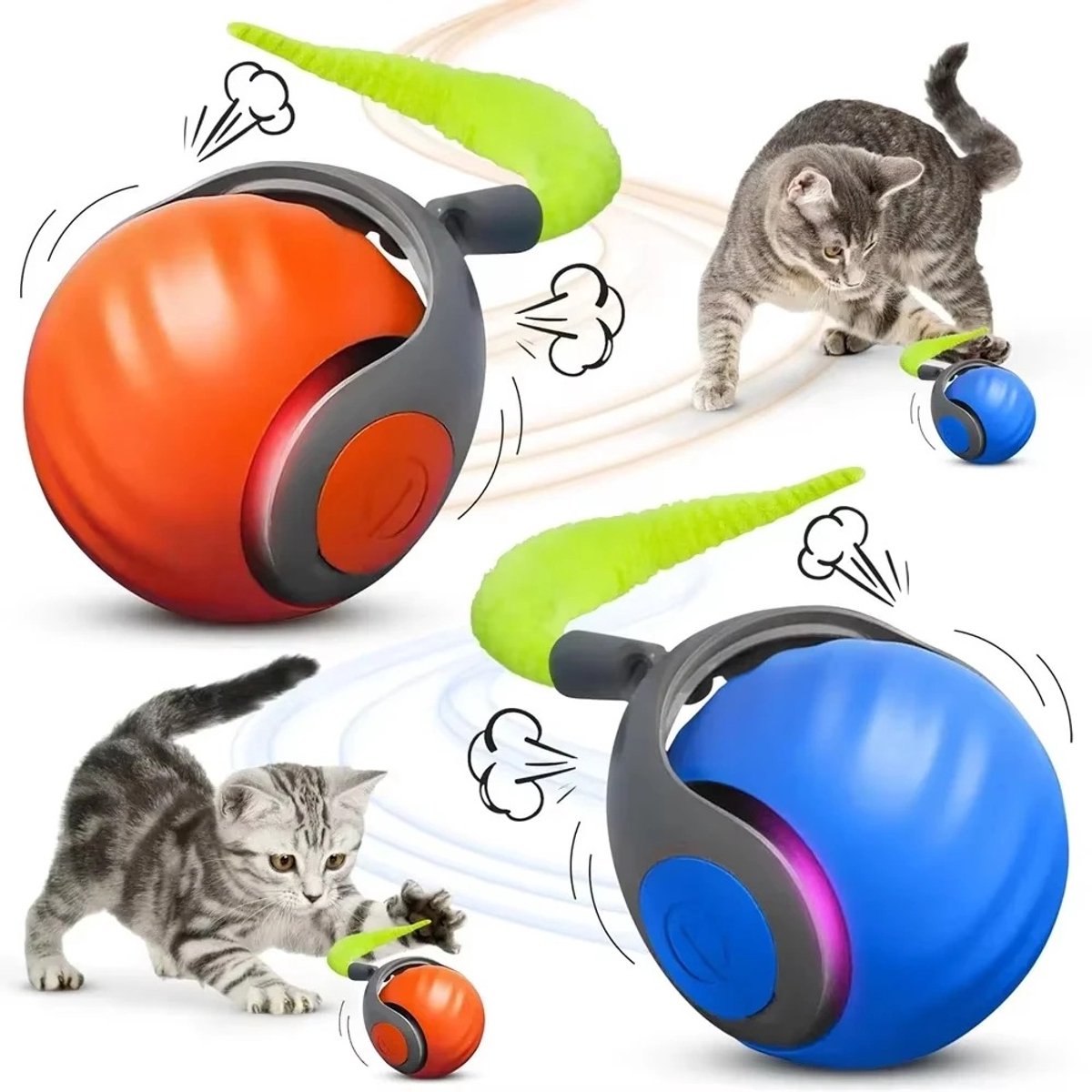 1 stuk Interactief kattenspeelgoed voor binnenkatten, oplaadbare bewegende kattenbal met verenstaart, automatisch speeltje met 2 snelheden voor verveelde kittens en binnenkatten, op beweging geactiveerde rollende bal (oranje)
