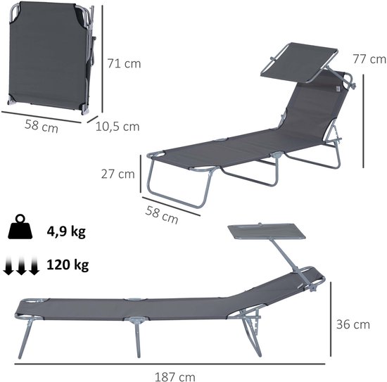 Opvouwbare zonstoel met zonnescherm tuinligstoel relax strandstoel 187x58x36cm grijs 4-standig verstelbare rugleuning stevig en stabiel metalen frame met ademend en duurzaam Oxford materiaal draagbaar en opvouwbaar geschikt voor tuin strand en buiten — afbeelding 2