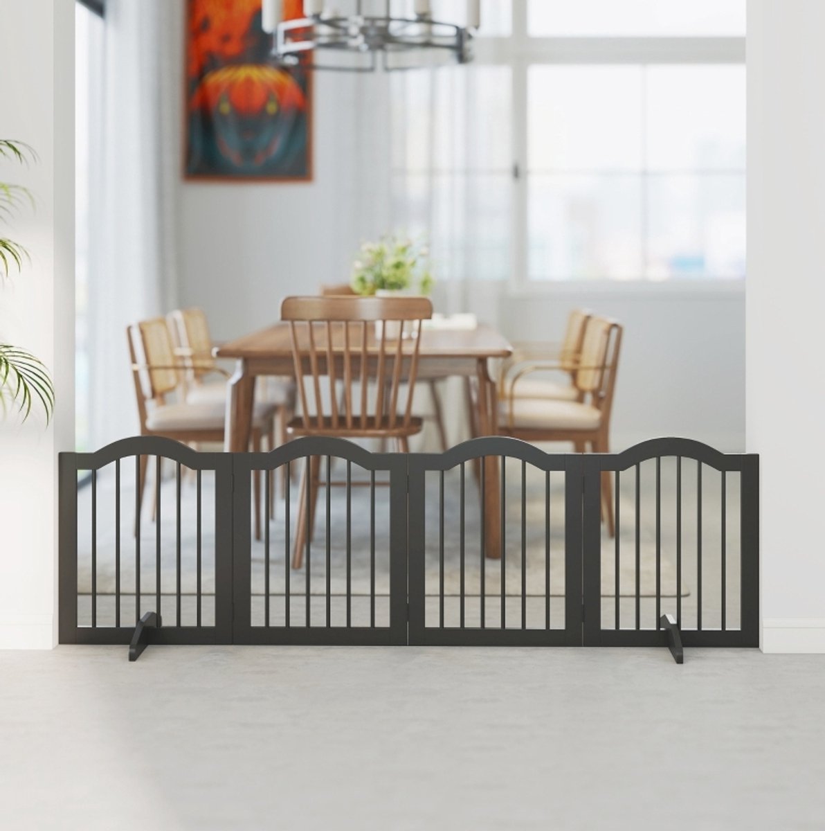 REDOM - Hondenhek - Vrijstaand ontwerp - Klapbaar met 4 panelen en steunvoeten - Ruimtebesparend opvouwbaar - Voor deuropeningen en trappen - Hout en MDF - Zwart - 208 x 61 cm