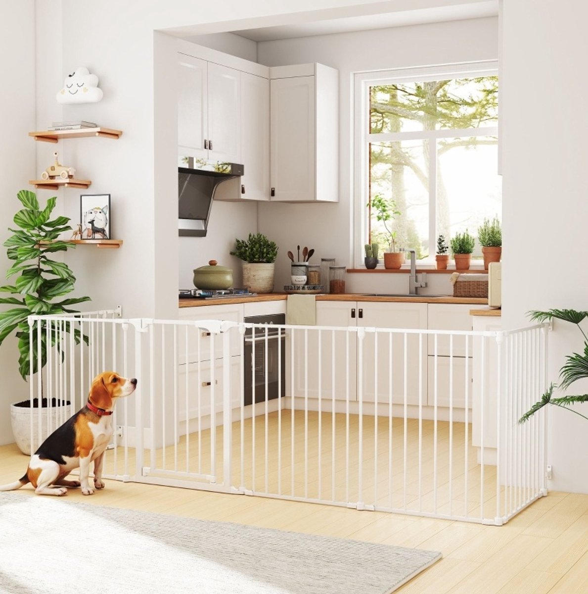 REDOM - Puppyren - 6 panelen - Met deur en dubbel slot - Vouwbaar en uitbreidbaar - Voor kleine tot middelgrote honden - Koolstofstaal en kunststof - Wit - 366 x 75 cm