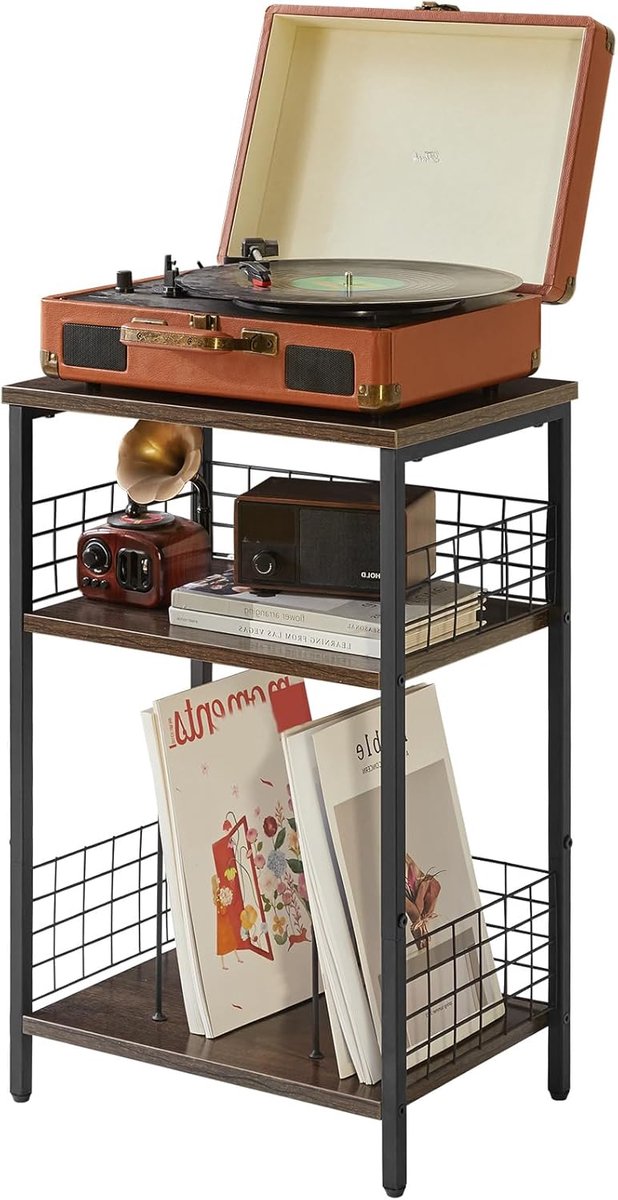 SnelShoppen - 3-laags Bijzettafel, Platenspeler Standaard met Opslag, Industriële Hoge Bijzettafel, Kleine Boekenkast, Displayrek, Telefoontafel voor