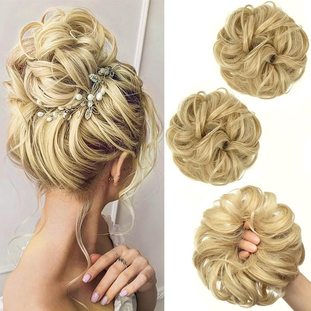SnelShoppen - Haaraccessoire Natuurlijke Blonde Bun met Elastische Band, Kruidige Haarstukjes met Krullen voor Vrouwen, Haar Extensions Messy Bun Scru