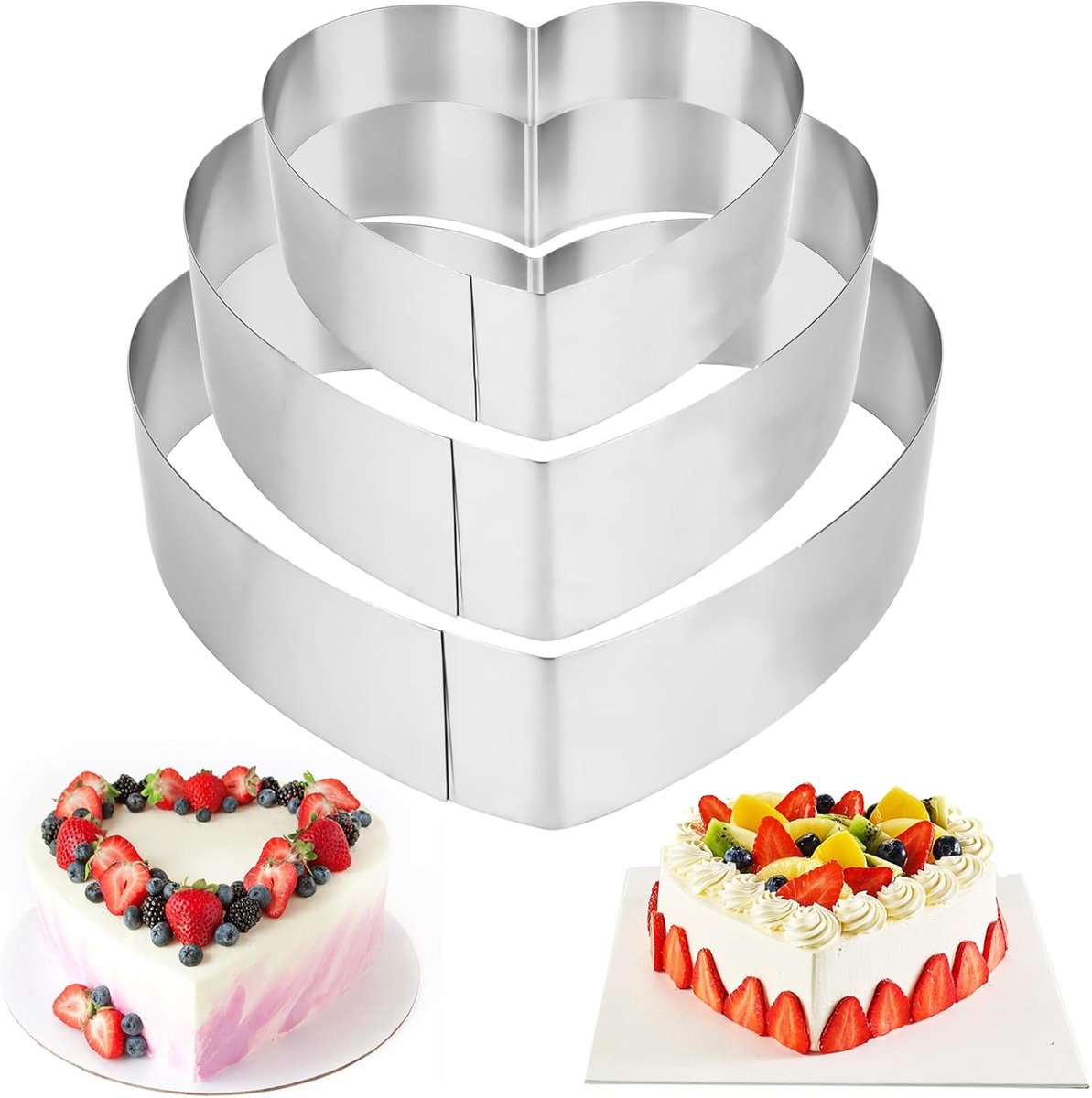 SnelShoppen - Cake Ringen Hartvorm, 3 Stuks, Bakvormen, Hoog 45 mm, RVS, Voor Taarten en Gebak, 10/15/20 cm, Feest, Keuken, Bakaccessoires