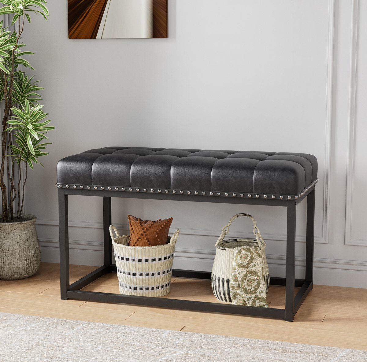 Bankje – 90 x 46 x 52 cm – Gecapitonneerde Zitting van Kunstleer – Zwart – Metalen Frame
