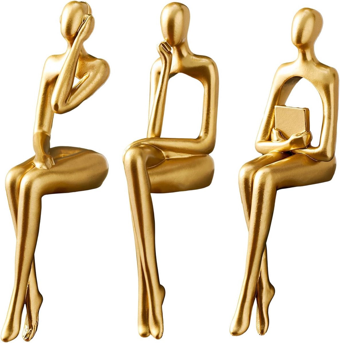 SnelShoppen - 3Pcs Gouden Hars Denkbeeldige Beeld Moderne Abstracte Sculptuur Zittende Denker Beeldje voor Huis, Kantoor, Boekenplank Decoratie