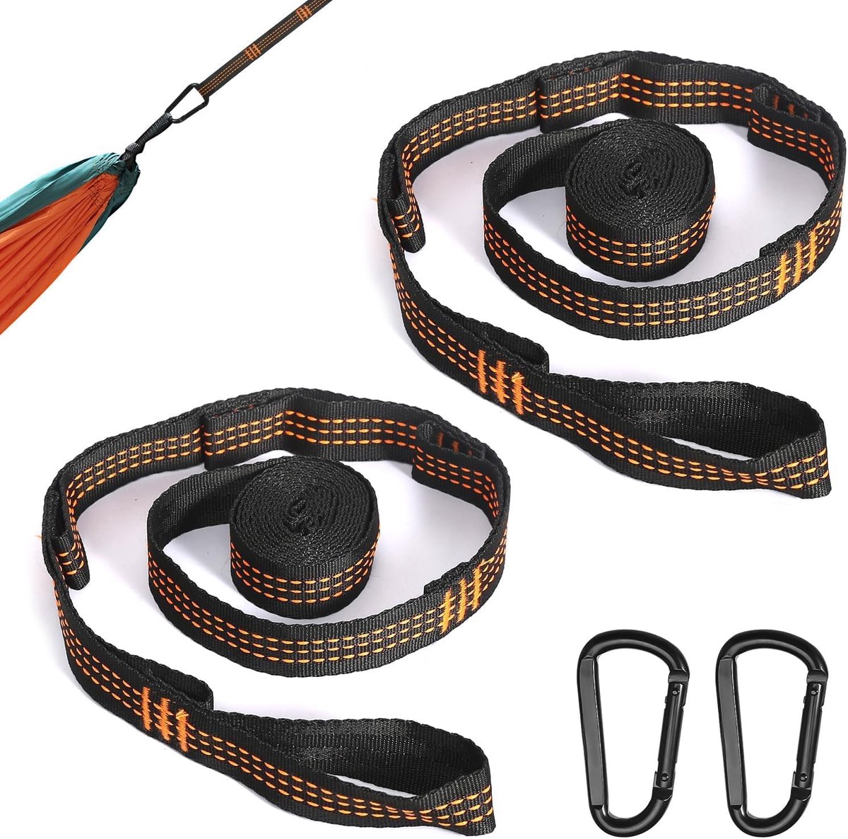 SnelShoppen - Hammock Bevestiging 2 m x 2,5 cm Touw voor Hangmat, Hangmat Ophangset met 2 Sterke Carabiners, Ideaal voor Kamperen, Buiten, Reizen en T