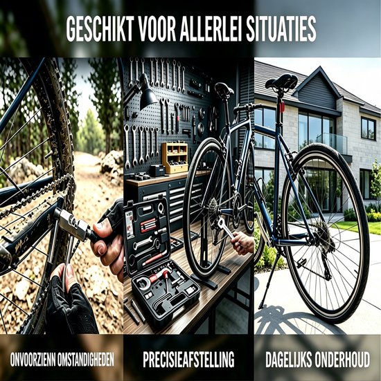 Collage van drie foto's: iemand repareert een fietsketting, een gereedschapskist naast een fiets, en een man die een fiets repareert voor een huis. Tekst: GESCHIKT VOOR ALLERLEI SITUATIES.