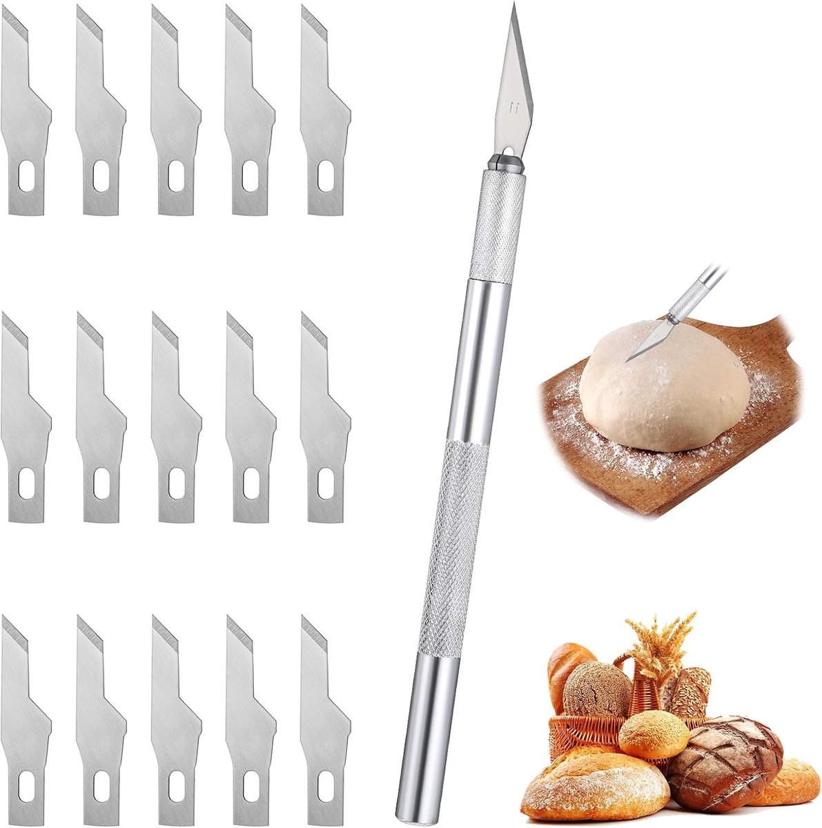 SnelShoppen - Baker's Knife Set met 15 Snijders, Broodmes, Baguette Mes, RVS, Deegmes met Plastic Beschermhoes voor Keuken en Bakplezier