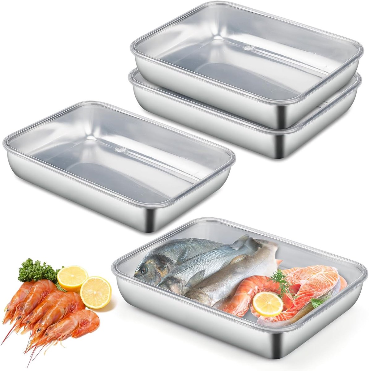 SnelShoppen - 4 Stuks Voedselopslagdozen met Deksel, Roestvrijstalen Bewaarbakken, Herbruikbare Vriezerdozen, Groot voor Koelkast, Restaurant, Keuken,
