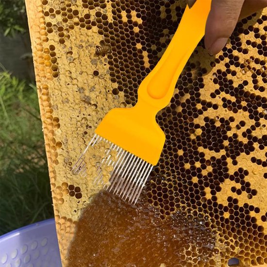 SnelShoppen - RVS Ontdekking Fork Bijen Ontdekking Fork Honingraat Bijenhouderij Gereedschap Accessoires Honing Schraper met Gele Kunststof Handgreep van Snelshoppen — afbeelding 3