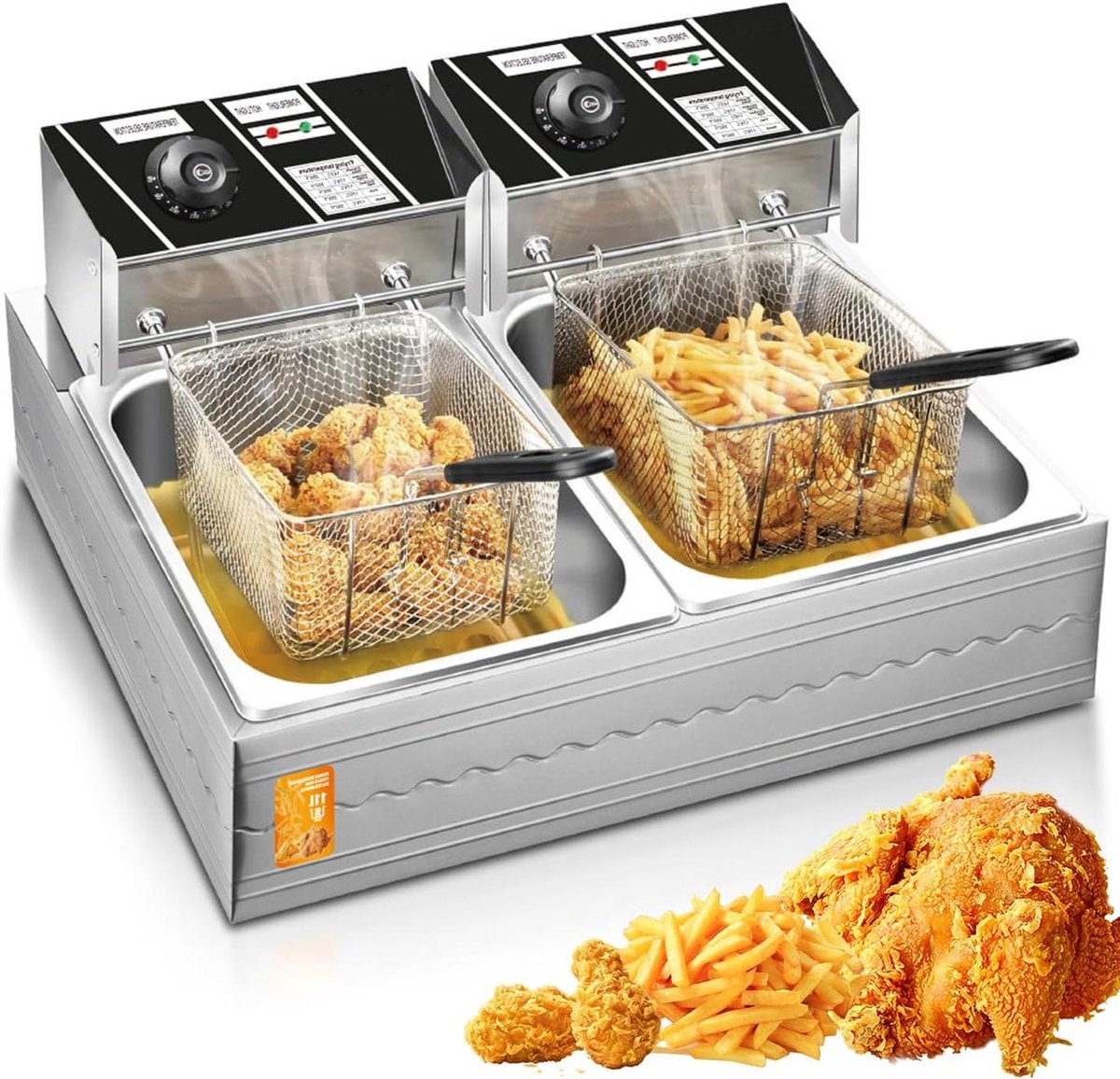 Elektrische Dubbele Friteuse - Professionele Frituurpan - Frituren van Snacks - Dubbele Tank - 5.5L + 5.5L - Zilver