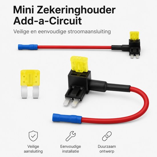 Mini zekeringaftakker met rode kabel en blauwe dop, en een losse gele zekering.