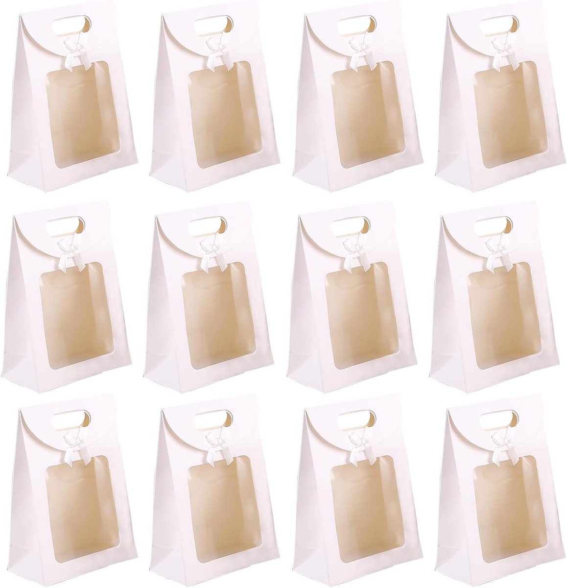 12-delige Cadeautas met Handvat Wit, 20 x 14 x 7 cm, Ideaal voor Feestjes, Verjaardagen en Trouwen, Cadeautassen met Venster voor Snoep en Koekjes