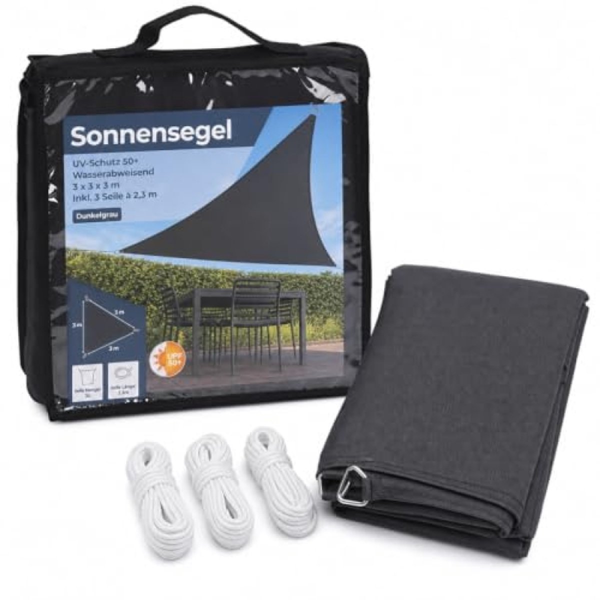 ModernStore Zonnezeil Driehoek 3x3x3 m UPF 50+ Waterafstotend Donkergrijs - UV-Bescherming voor Tuin, Balkon en Terras met Bevestigingstouwen