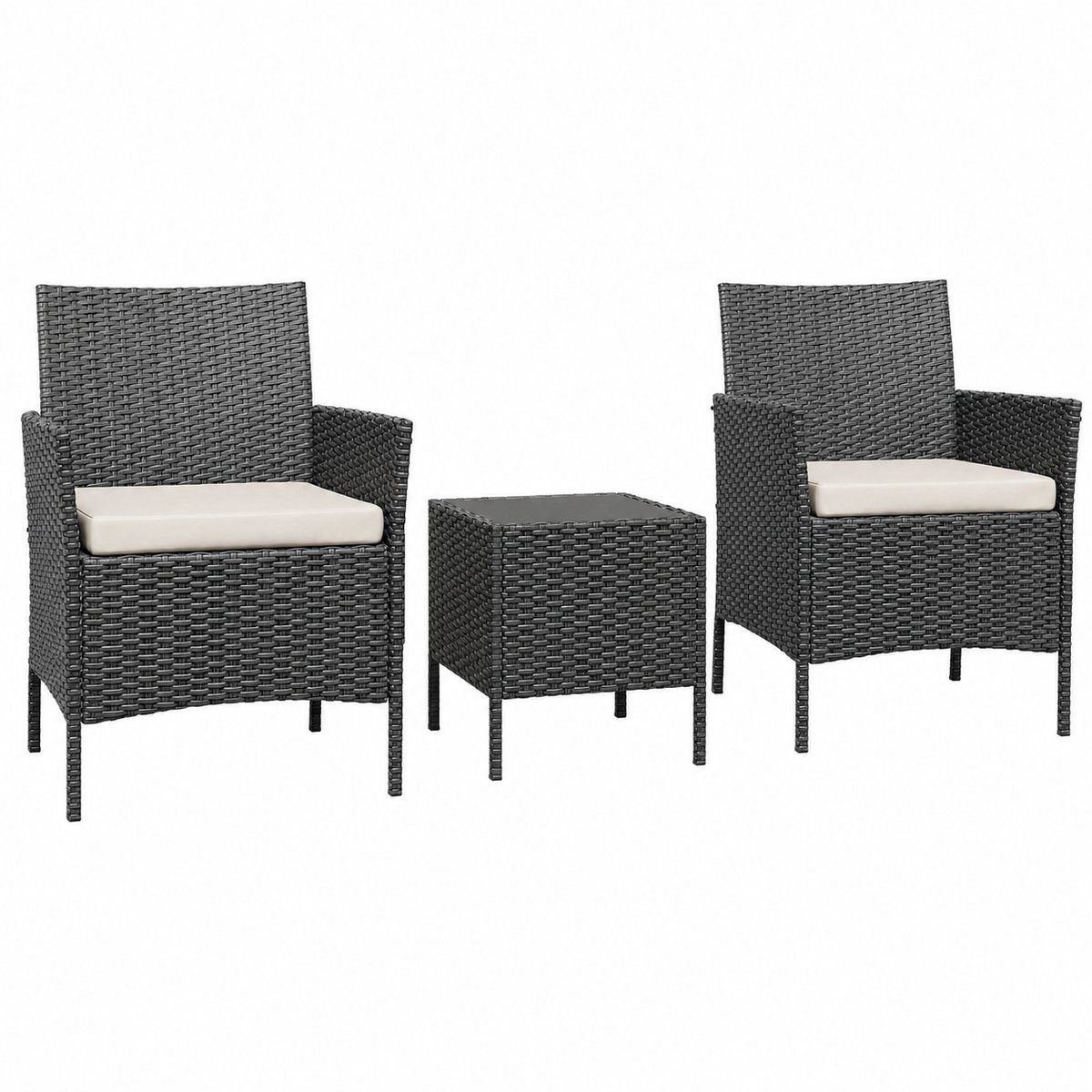 CORE Bistroset Tuin - 3-Delige Loungeset van PE-Rattan - 2 Tuinstoelen met Kussens en Salontafel - Weerbestendige Tuinset - Compacte Balkonset voor Tuin, Terras, Balkon en Veranda - 46x46x82cm - Zwart en Wit