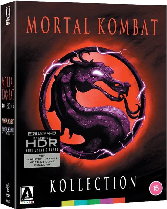 Mortal Kombat Kollection 4K Ultra HD-box met een paarse draak met gloeiende ogen omringd door oranje en paarse bliksem.
