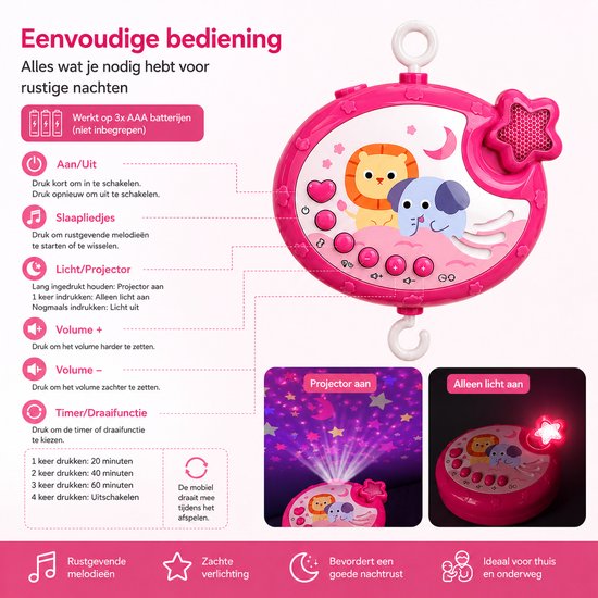 Muzikale Baby Mobiel met Projector - IBI-IRN - Muziek & 360° Rotatie en Timer — afbeelding 4