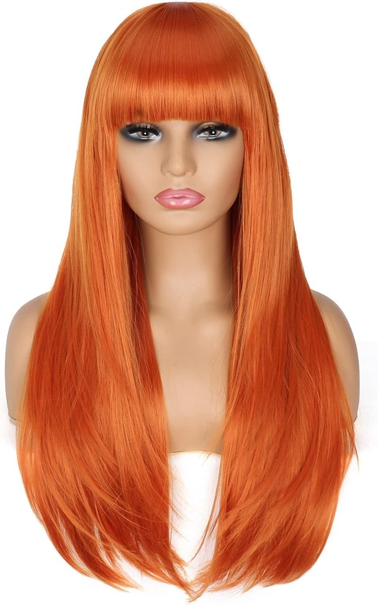 70 cm Lange Rechte Cosplay Oranje Perucque met Pony voor Vrouwen en Meisjes - Natuurlijke Synthetische Haarperucque voor Carnaval, Halloween en Feestjes