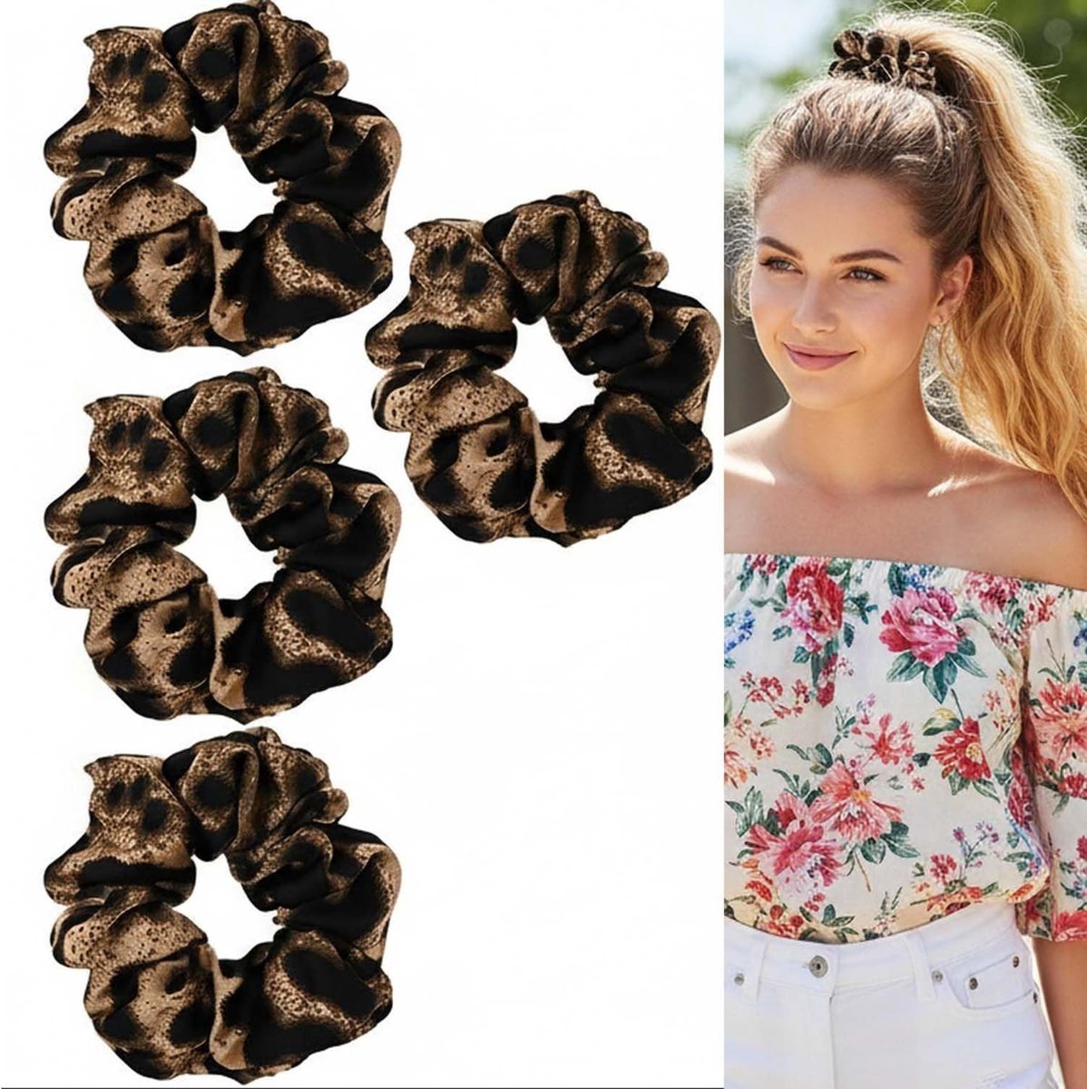 Leopard Print Satijnen Scrunchies voor Dik Haar, Zachte Elastische Haarbanden voor Vrouwen en Meisjes (4 Stuks) - Perfect voor Ponytails en Haarstijlen