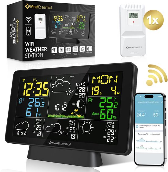 MostEssential Weerstation Wifi Edition - Plug & Play Installatie - Draadloos - Weerstation met Buitensensor - Hygrometer - Binnen en Buiten - 150 Meter Bereik - Inclusief App - Zwart - 1 sensor