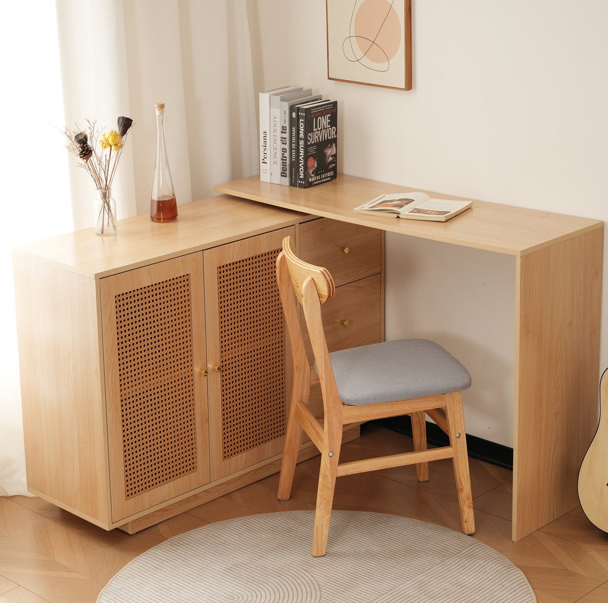 FloraGrace Bureau - L-Vormig Hoekbureau Met 360 Graden Draaiblad En Opbergruimte - Voor Werkkamer En Slaapkamer - MDF - 126 Cm - Naturel Hout