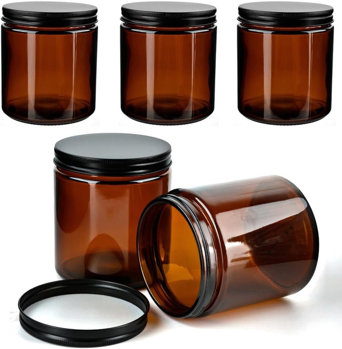 Bruine glazen potten voor crèmes, essentiële oliën en lotions - 450 ml, set van 4 met schroefdeksel, ideaal voor opslag en verpakking.