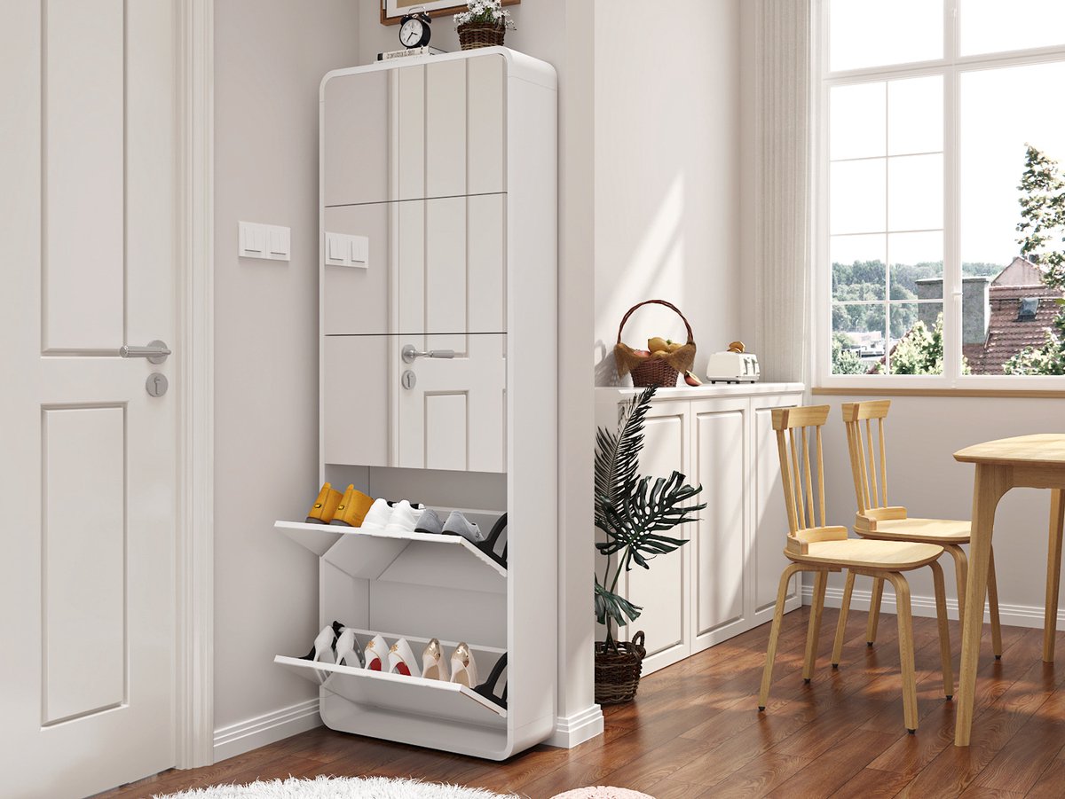 DESMIU Schoenenkast - Met Spiegel En 5 Kantelvakken - Vrijstaand Voor Hal En Slaapkamer - MDF - 63x19,6x176,5 Cm - Wit