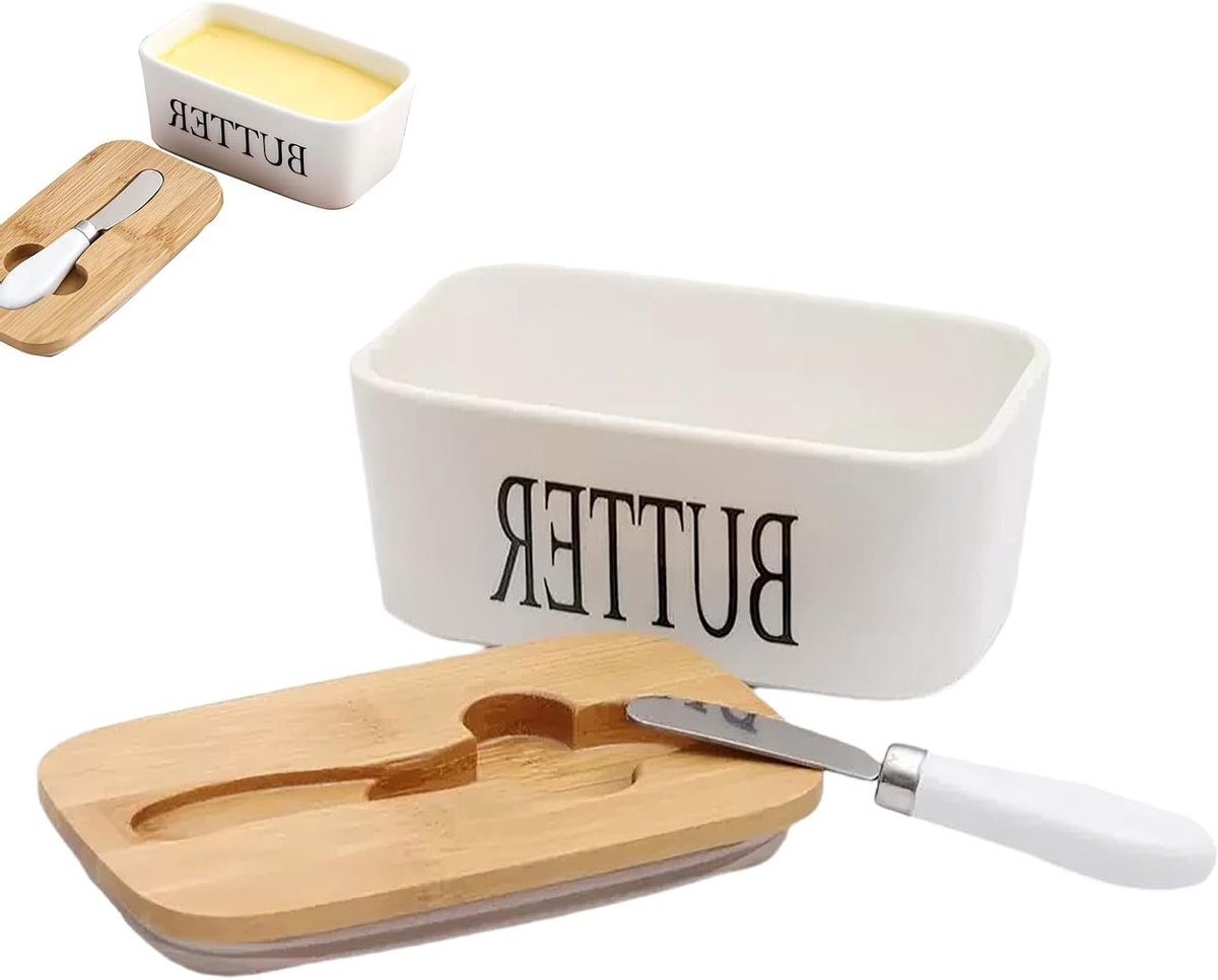 Elegante botervloot met houten deksel en mes, perfect voor 250 g boter, met dubbellaagse siliconen afdichting, ideaal voor keuken en tafelgebruik, ook geschikt voor kaas en noten (500 ml/wit)