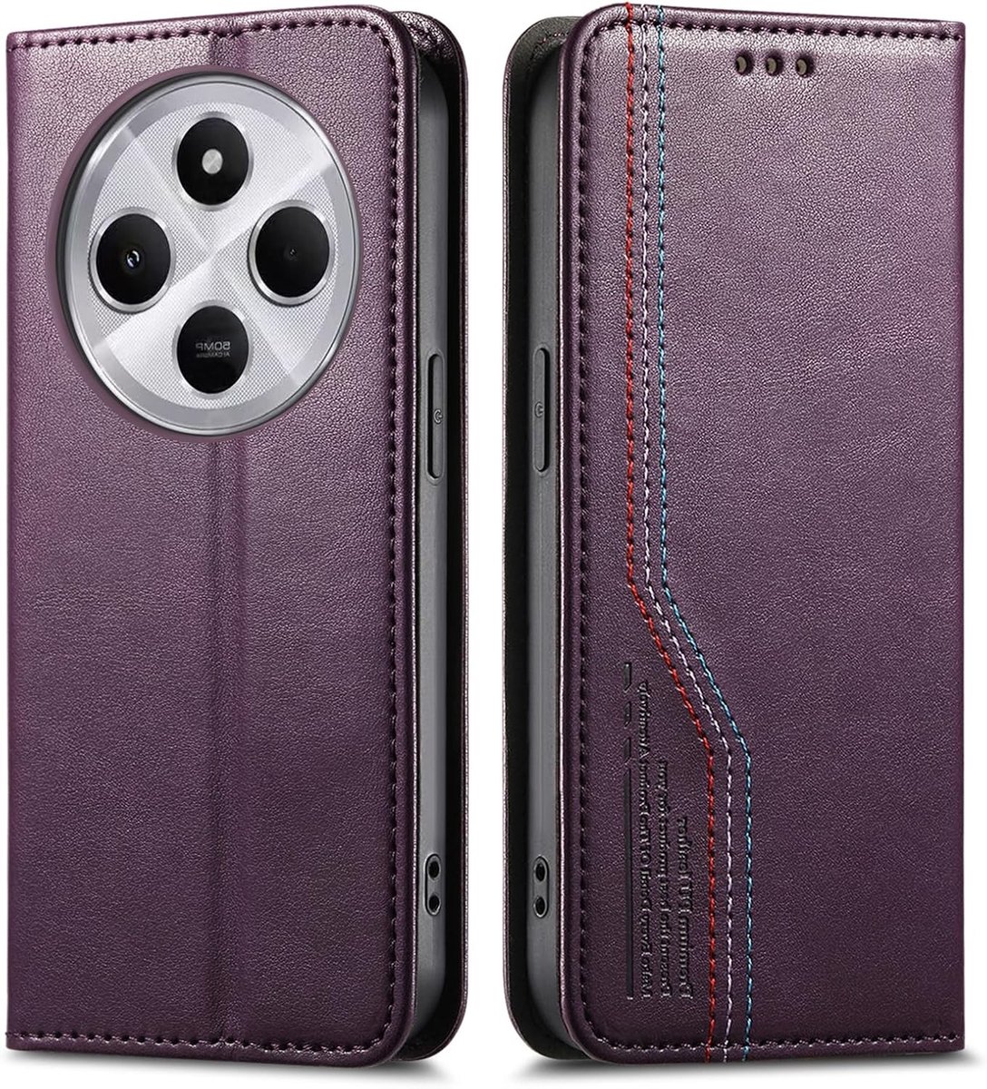 Premium Leren en Zachte Siliconen Hoes voor Redmi 14C - Wallet Case met 2 Kaartsleuven en Kickstand, Schok- en Valbestendig - Paars
