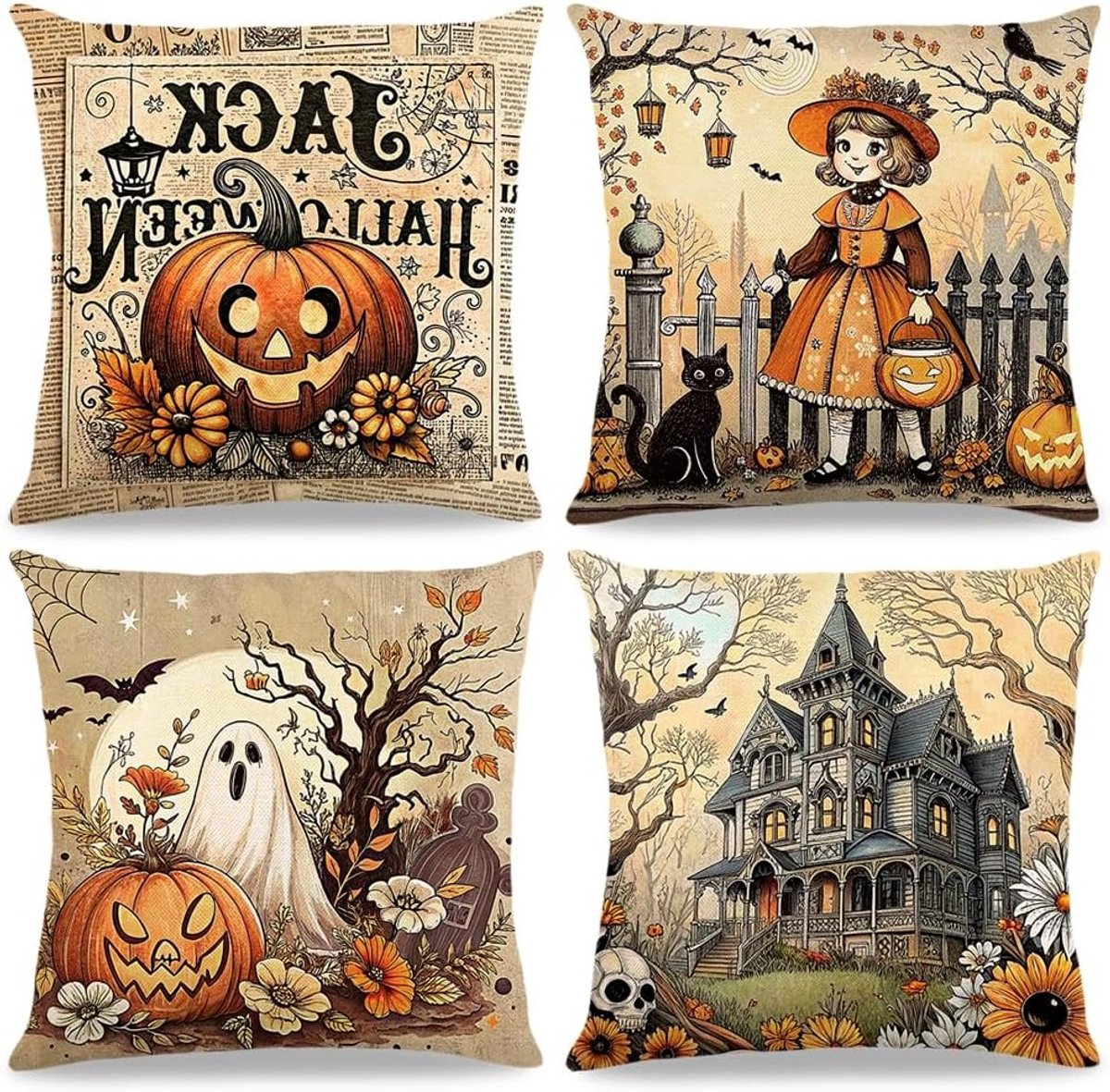 Halloween Kussenhoezen Set van 4 - 40x40cm, Decoratieve Kussens voor Sofa met Pompoen, Spook, Zwarte Kat en Vleermuis voor Feestelijke Decoratie