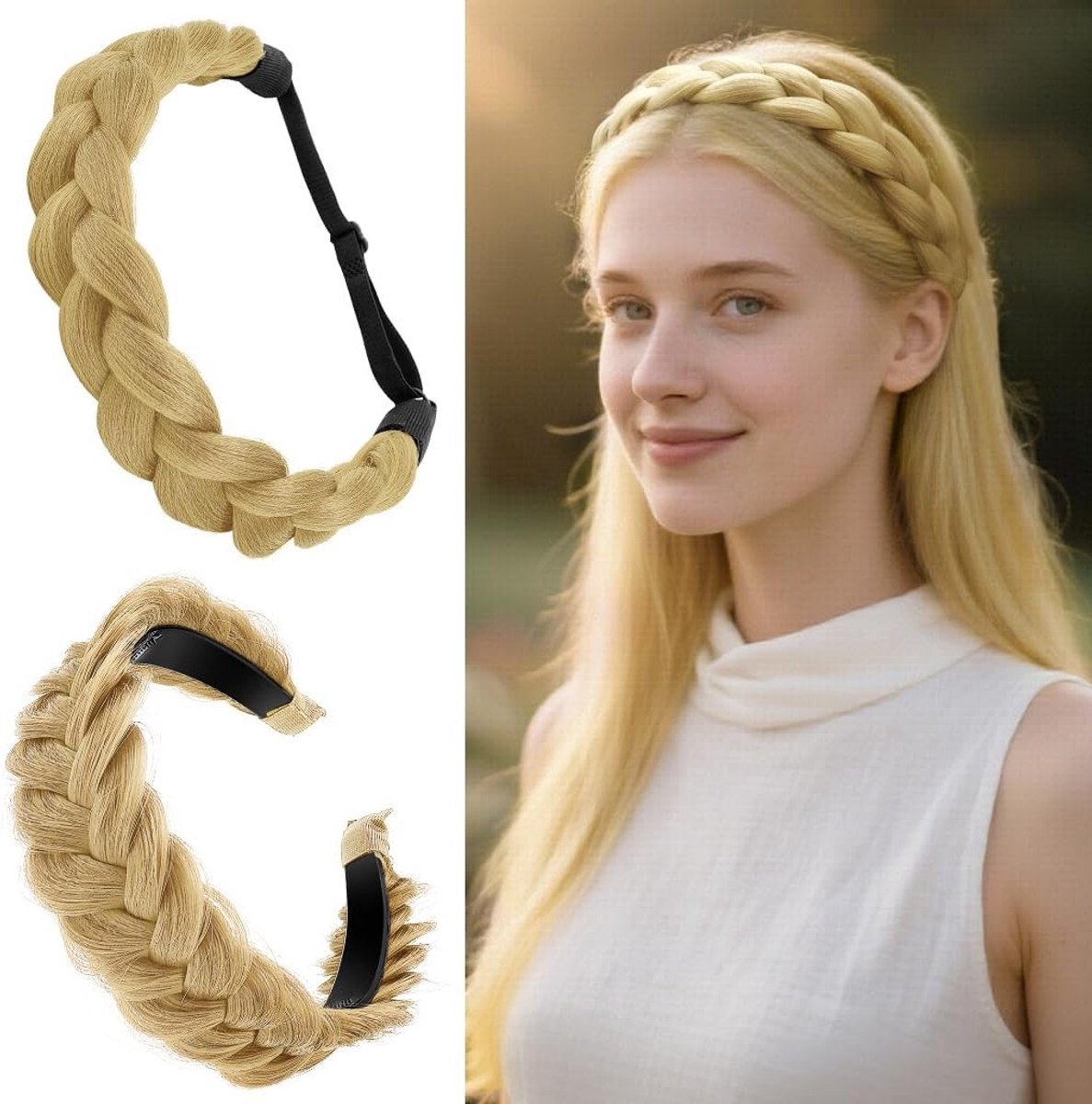 Handgemaakte Woven Haarbanden, Rekbare Elastische Haarbanden met Antislip Tanden en Synthetische Haarlokken, Mode Haaraccessoires voor Dames en Meisjes