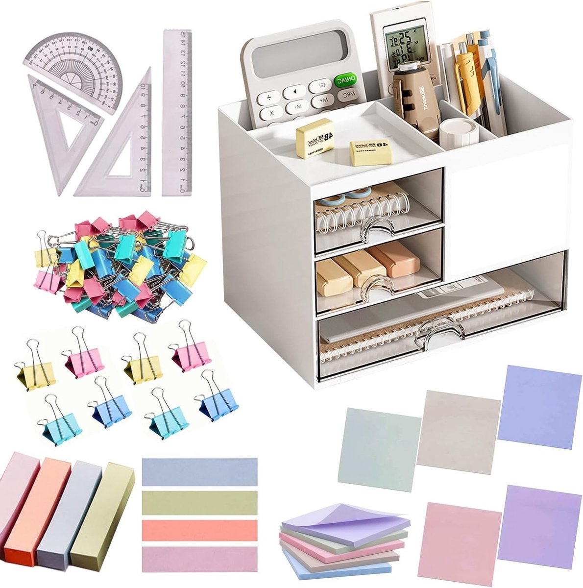 Pen Organizer met 3 Lades, Bureau Accessoires en Multifunctionele Potloodhouder voor Desk Organizers met 5 Compartimenten voor Kantoor en Creatief Werk