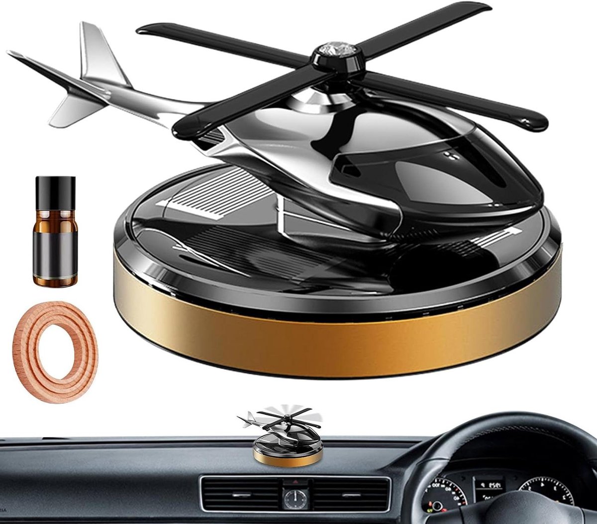 Auto luchtverfrisser - Helikopter ornament - Dashboard decoratie - Zonne-energie rotatie - 10.5 x 9.35 x 6.8 cm - Zilver