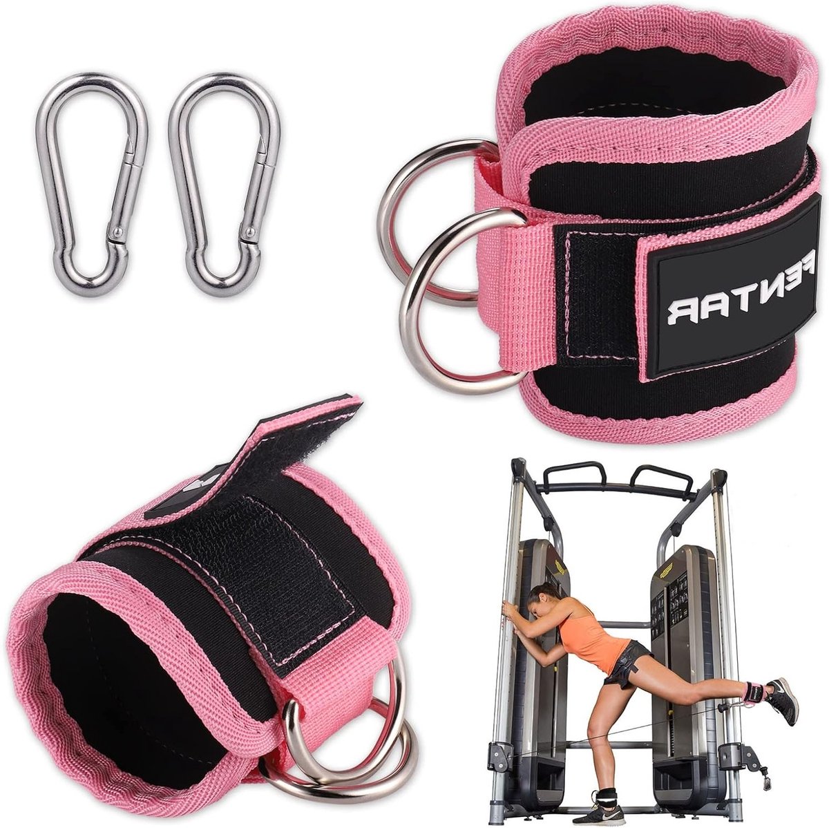 Verstelbare Enkelbanden voor Kabelmachine, Comfortabele Training Enkelbanden met Twee D-Ringen, Ideaal voor Krachttraining en Fitness (Roze)