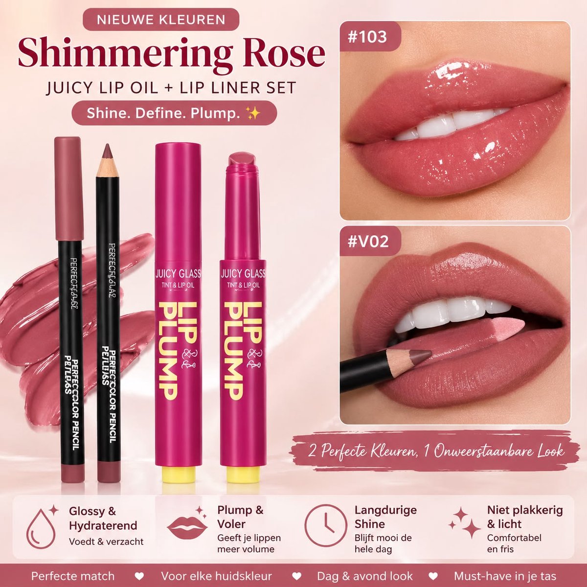 Lip Oil met Lip Liner Set – Shimmer Lip Gloss, Plumping Effect, Hydraterend, Langhoudend, Waterproof Lipliner, Rosé Pink + Gratis Masker