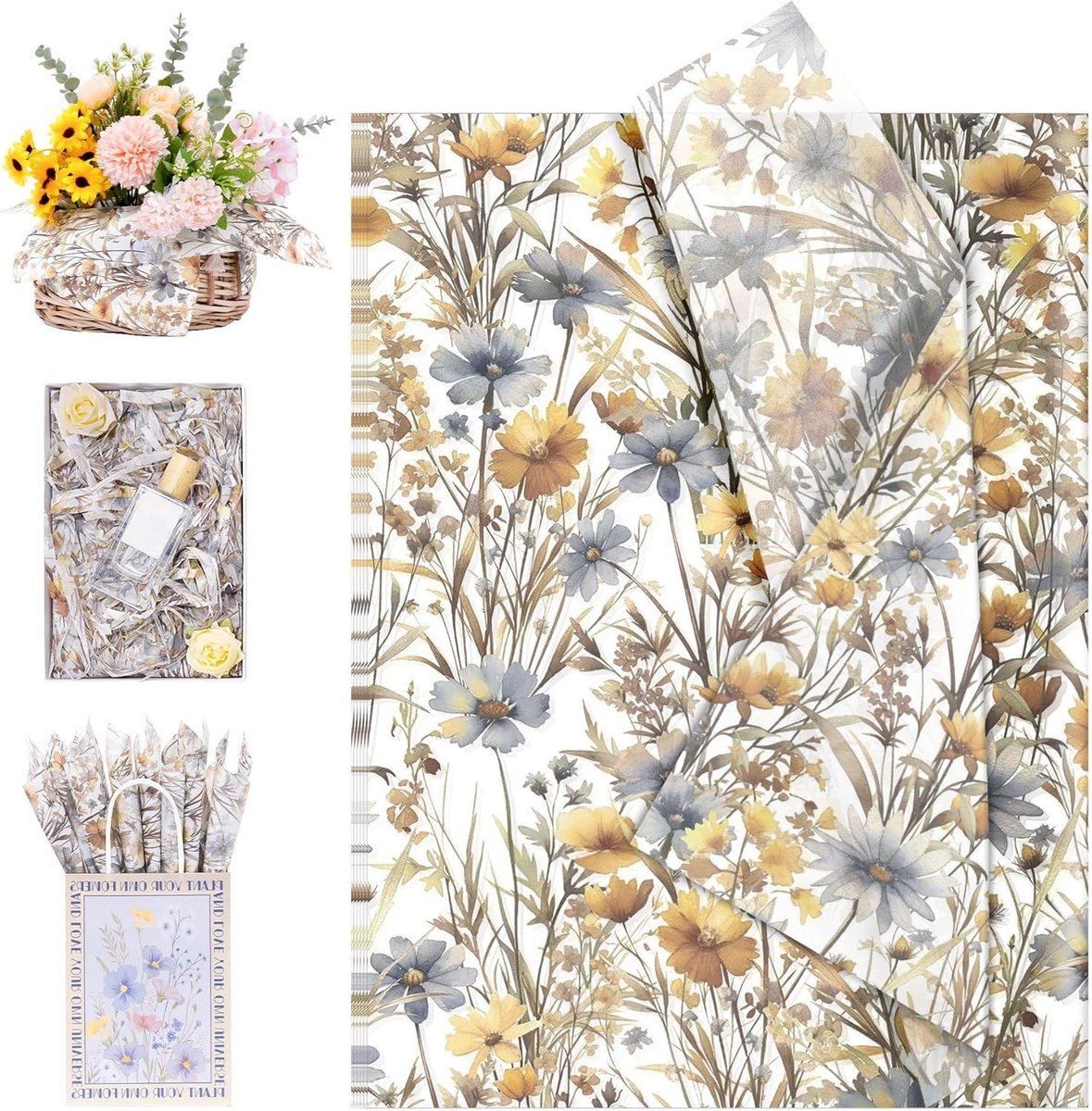 Vintage gele aquarel bloemen op zijdepapier voor kunst en ambachtelijke projecten