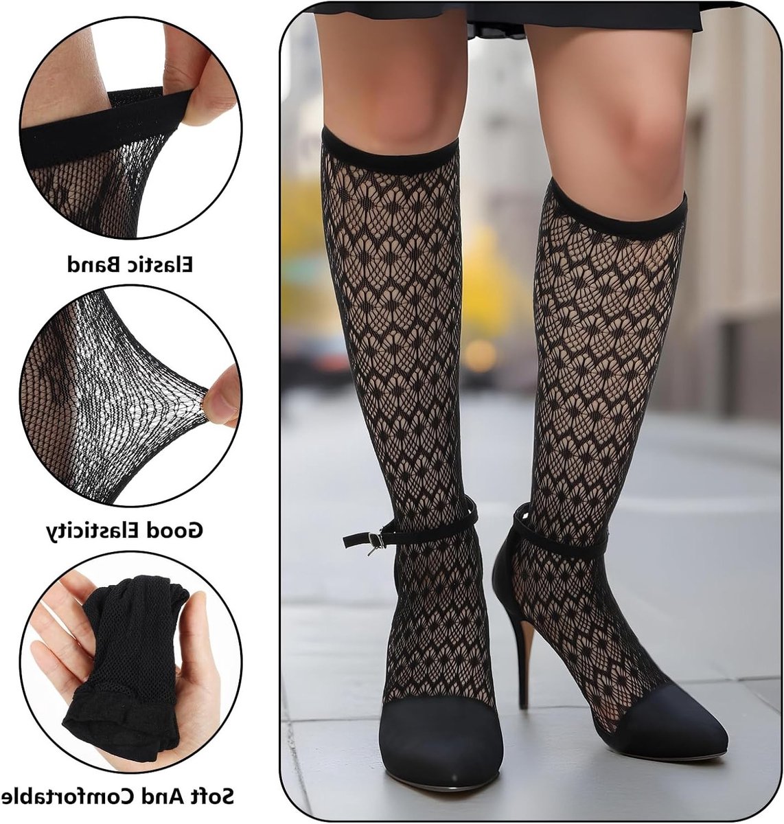 Stijlvolle Vrouwelijke Kousen: 4 Paar Visnet Kousen, Hollow Zwarte Kalfskousen, Sexy Semi-Doorzichtige Lacy Sokken voor Dames en Meisjes