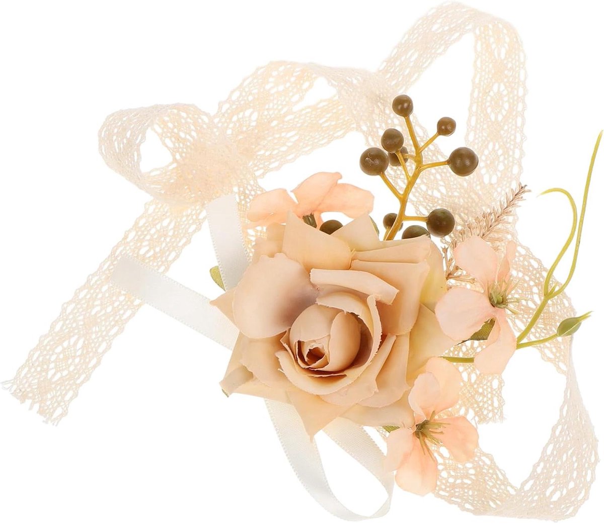Polscorsage Nep Bloemen - Polsband Accessoire - Bruiloft Decoratie - Levensechte Uitstraling - 9.5 x 7.5 cm - Beige