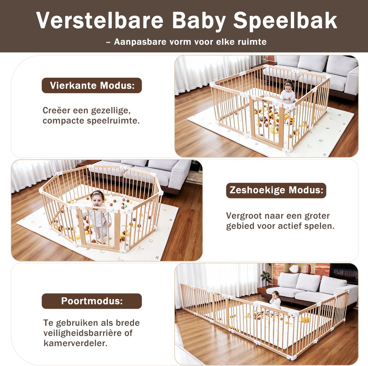 Elissio Grondbox - Babybox - Inklapbare Speelbox - Kinderbox - Playpen Baby - Voorgemonteerd - 130 x 130 x 70 cm - Incl. NL Handleiding - Naturel Hout – foto 5
